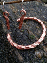 Load image into Gallery viewer, Hand forged twisted copper cuff bracelet with matching forged twisted copper earrings with sterling silver hooks