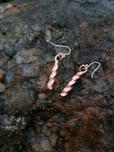 Load image into Gallery viewer, Hand forged twisted copper cuff bracelet with matching forged twisted copper earrings with sterling silver hooks