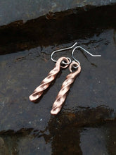 Load image into Gallery viewer, Hand forged twisted copper earrings with sterling silver hooks