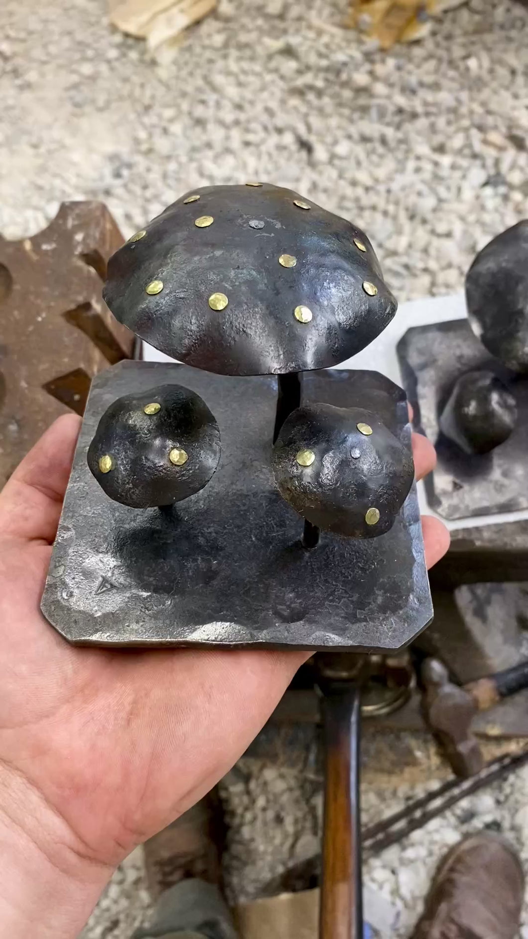 Mushroom desk art sculpture with brass studs
