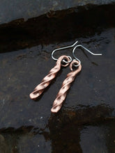 Load image into Gallery viewer, Hand forged twisted copper cuff bracelet with matching forged twisted copper earrings with sterling silver hooks
